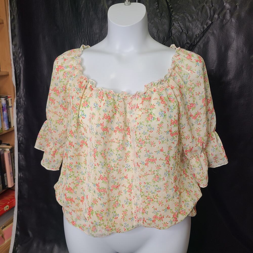 Lily Lou sheer beige micro floral print ruffle peasant shirt size large
